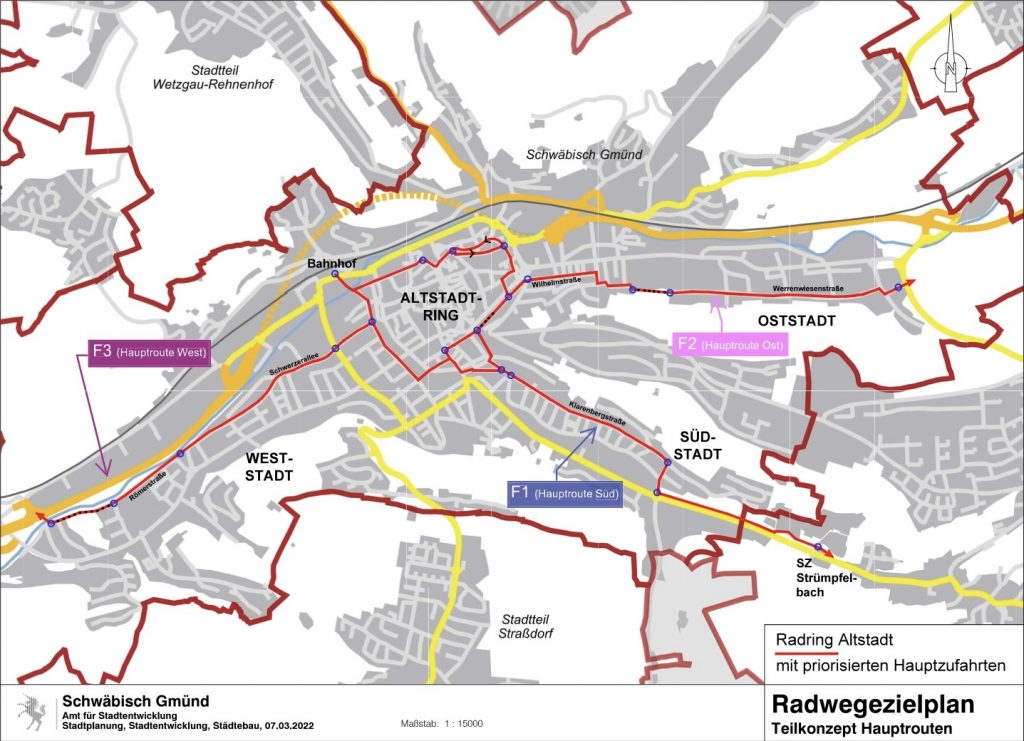 Eine Karte von Schwäbisch Gmünd mit farbigen Linien, die die drei Hauptradrouten zeigen.